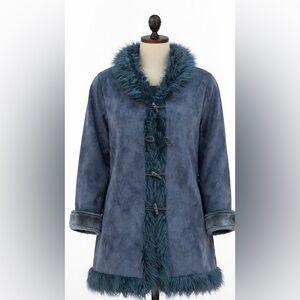 North Legend Faux Shearling Coat Boho Toggle Fur Trim Embroidered